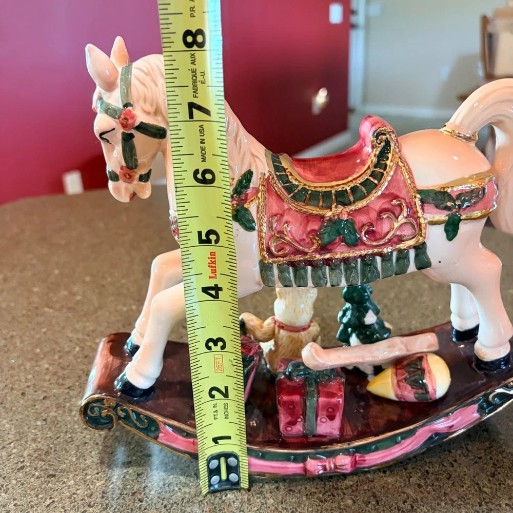 Christmas Rocking Horse Ceramic Figurine‎ Teddy Bear Gifts Gold Accents